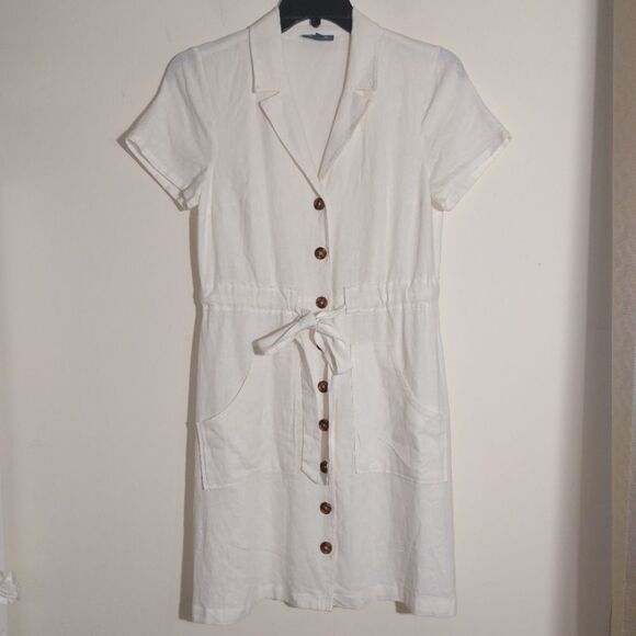 ModCloth Women's Linen Blend Enthralled Again Ivory Shirt Dress Size M EUC - Picture 4 of 11